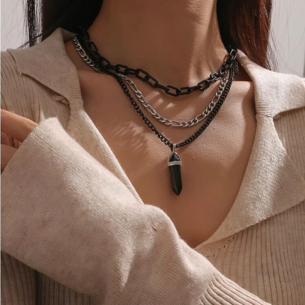 Multilayer Black Metal Chain Stone Snake Pendant Necklace - Picture 3 of 4